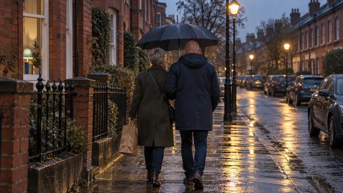 A couple walking home under one umbrella on a rainy terraced street.